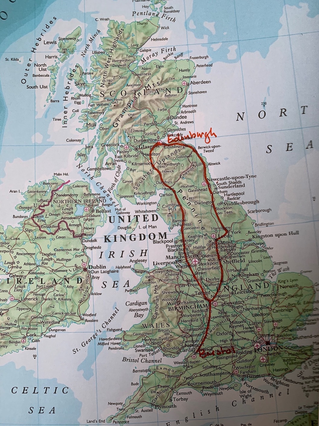 Picture shows a map with the route Maggie and her family took marked out with red pen. 