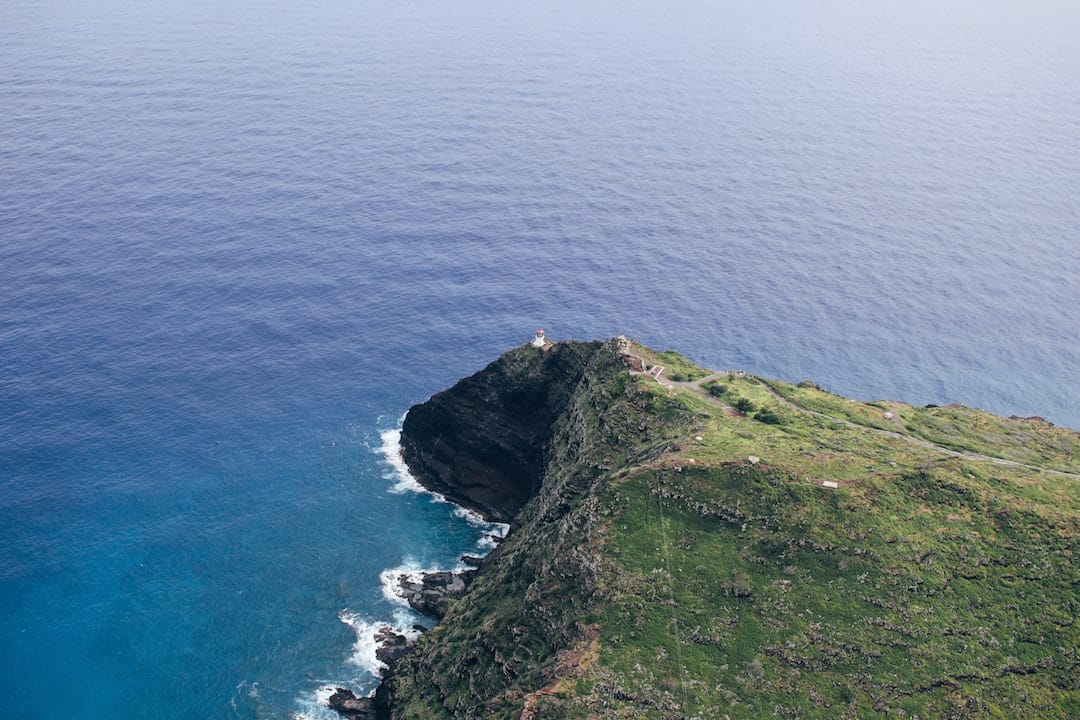 Picture shows a view of a craggy green coastline from far above. The sea around is a deep blue, and a small lighthouse sits at the most jutting point of the coast. 