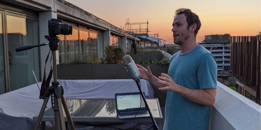 Image shows Finlay Asher from Green Sky Thinking talking to camera