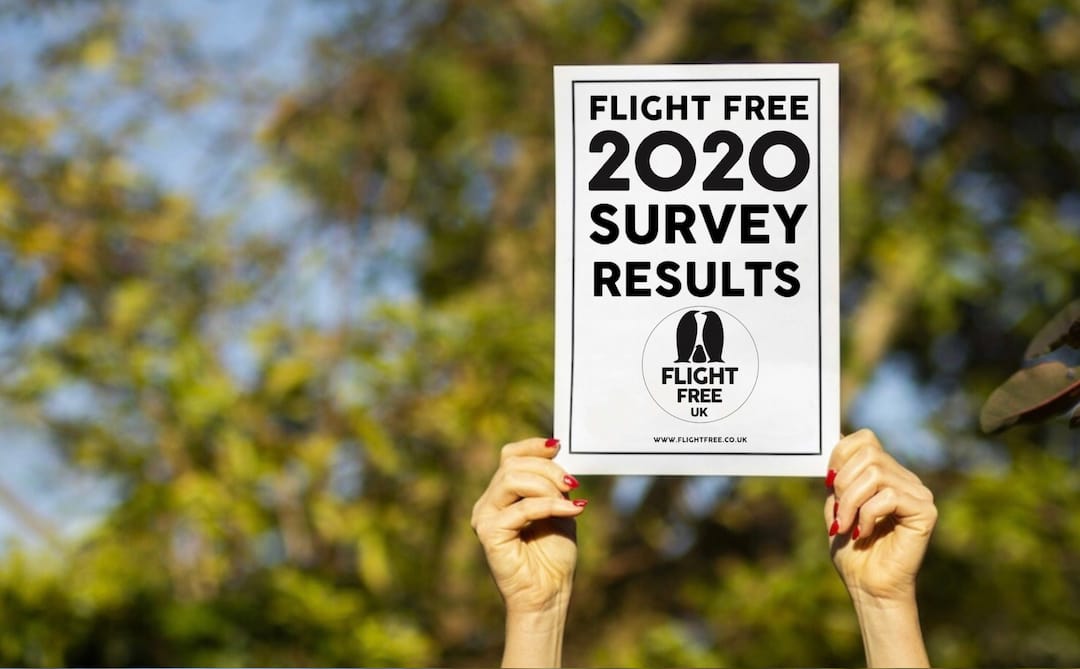 Image shows a pair of hands holding up a sign that says, Flight Free 2020 survey results