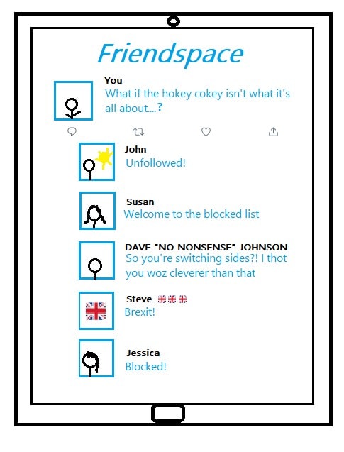 Picture shows a drawing of a social network comment section from a fictional website called 'Friendspace'. One user has commented "What if the hokey cokey isn't what it's all about...?". Other users have commented underneath this post saying things like "unfollowed", "welcome to the blocked list", and "so you're switching sides?! I thot you woz cleverer than that". 