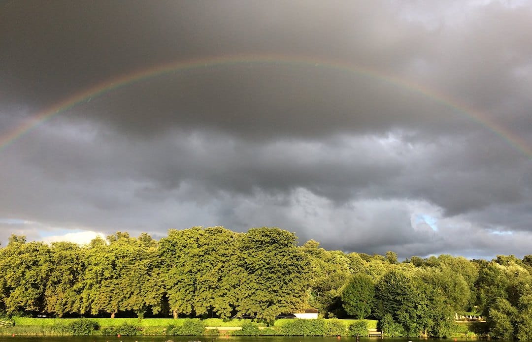 A rainbow shines in a very grey sky over some bright green trees and a river