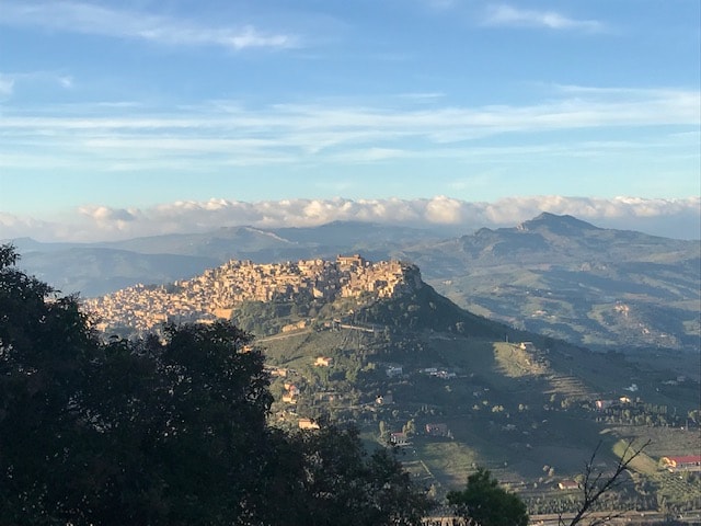 Picture shows a hill covered in buildings and structures. An evening sun is shining on the hill and the other side is in shade. In the background is an expanse of green hilly terrain with a small layer of cloud covering to tops of the hills. The sky above is blue. In the bottom left corner of the picture are the tops of trees silhouetted against the view. 